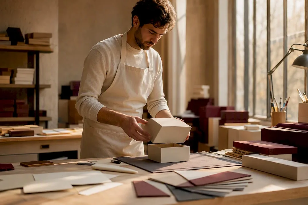 Hands assembling a luxury perfume box