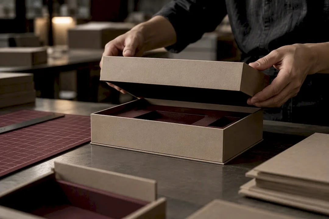 Hands assembling a rigid skincare box structure