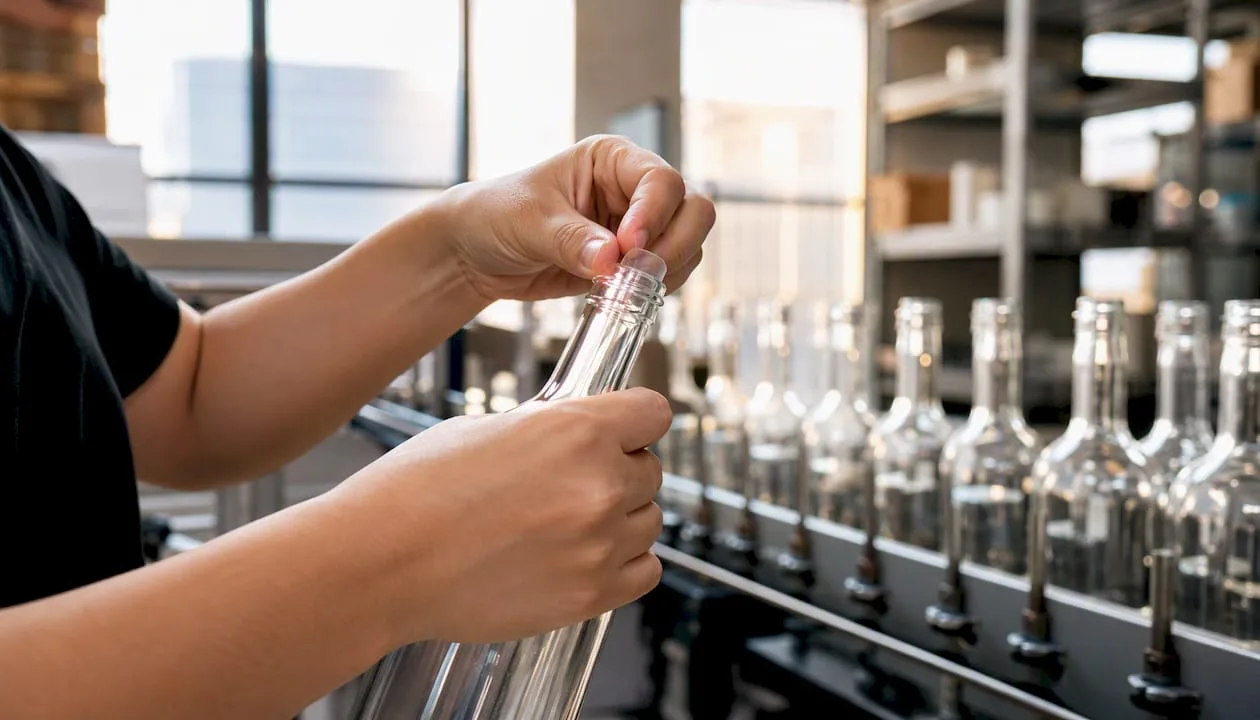 Hands applying tamper-evident shrink band on bottle