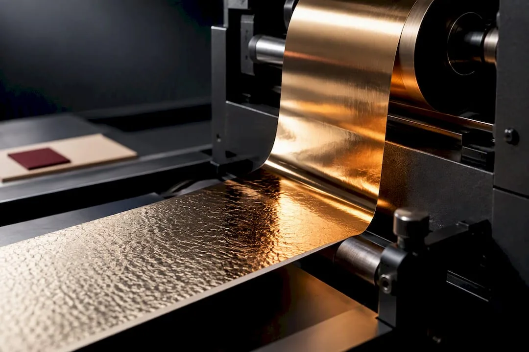 Foil web passing through finishing press