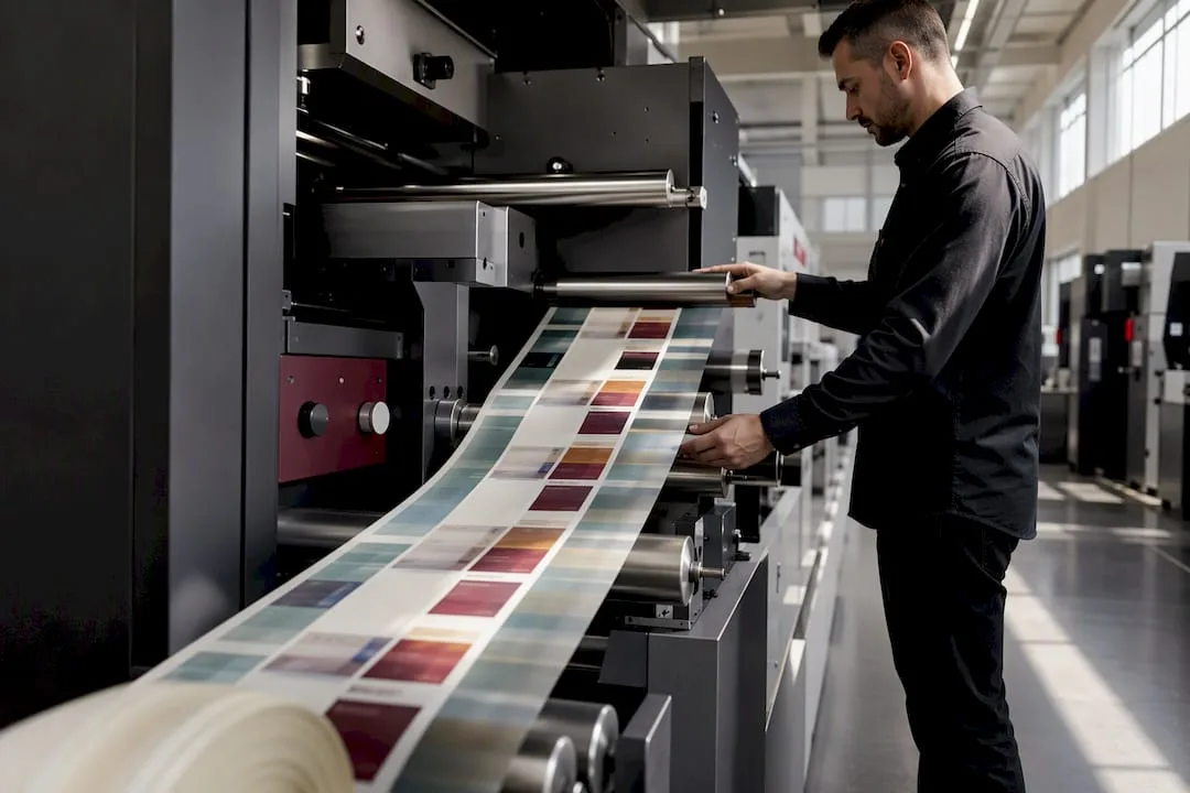 Waterproof label film moving through printing press