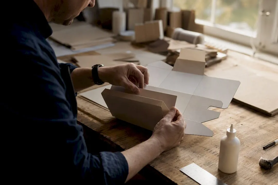 Hands folding auto bottom carton on workbench