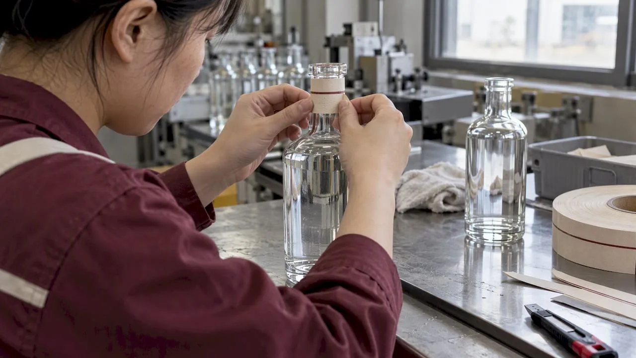 Technician applying neck label to spirits bottle