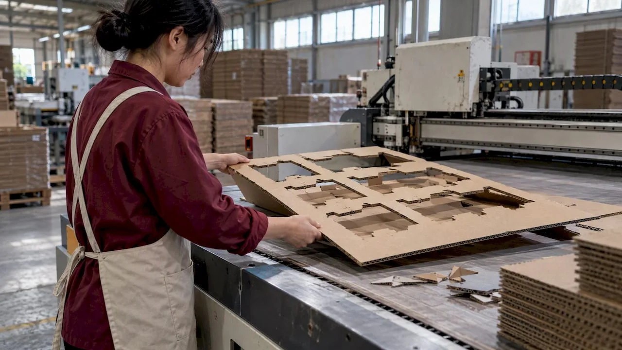 Technician handling die-cut corrugated insert sheet