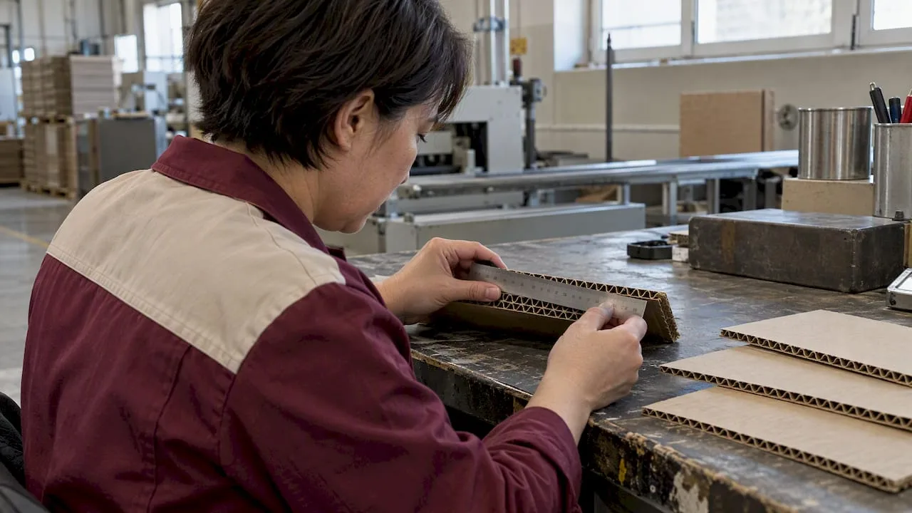 Technician measuring corrugated board flute profiles with a ruler at a factory workbench