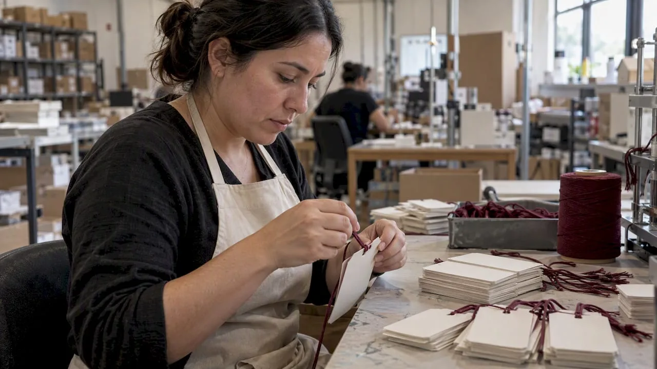 Technician stringing premium paper hang tags