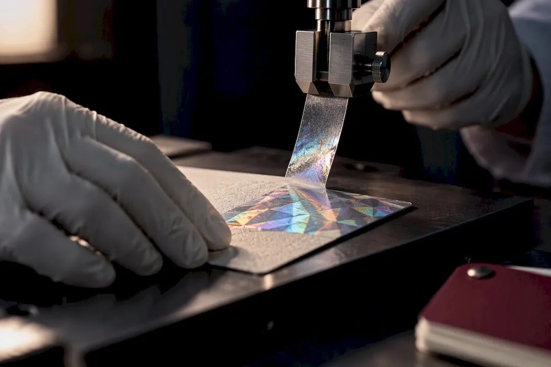 Technician testing holographic foil adhesion