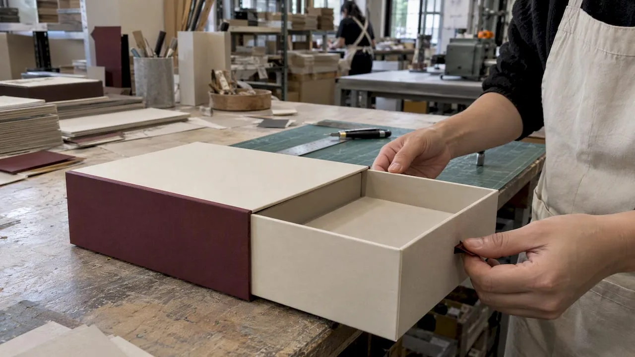 Open premium drawer box on workshop bench