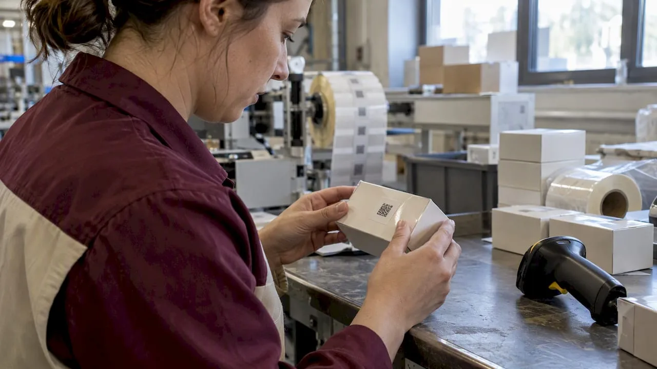 Technician inspecting laminated barcode label