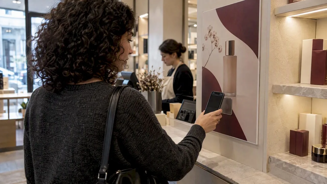 Shopper tapping phone against an NFC poster