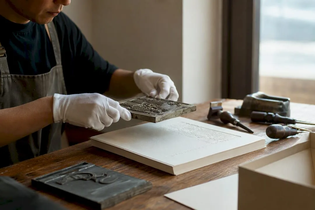 Hands performing embossing on luxury paper stock