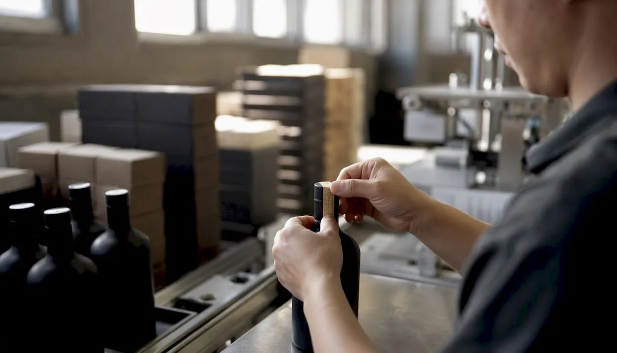 Hands applying anti-counterfeit label on bottle