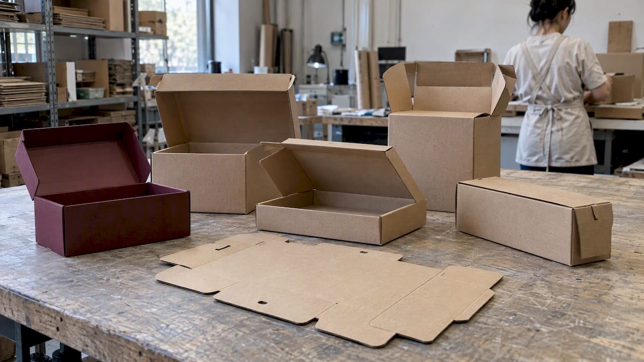 Corrugated box prototypes beside a flat blank