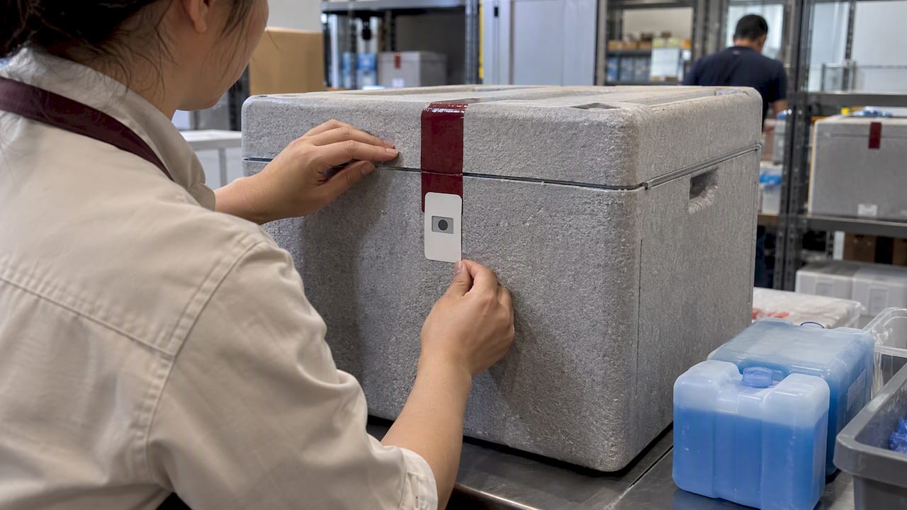 Temperature indicator label on vaccine shipper