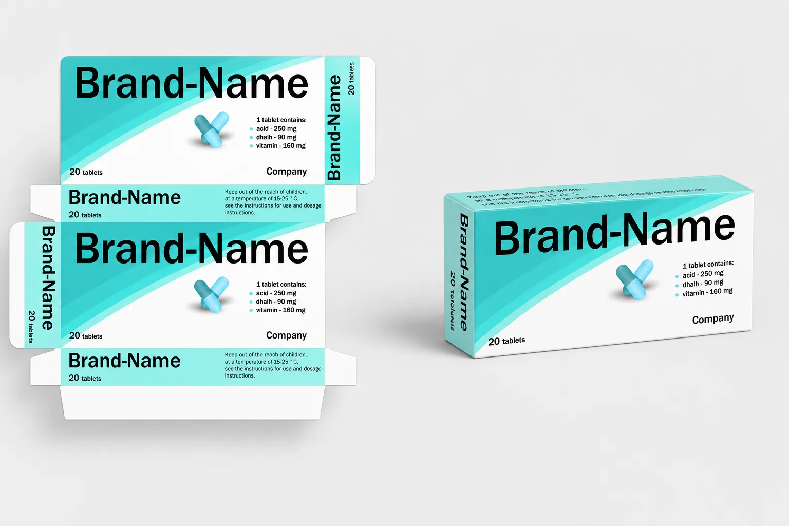 A medicine carton shown flat as a cut and creased dieline and again assembled