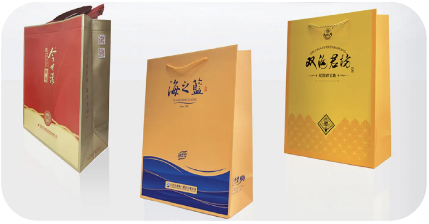 Custom printed paper carrier bag with ribbon handles produced by Yuan Packaging