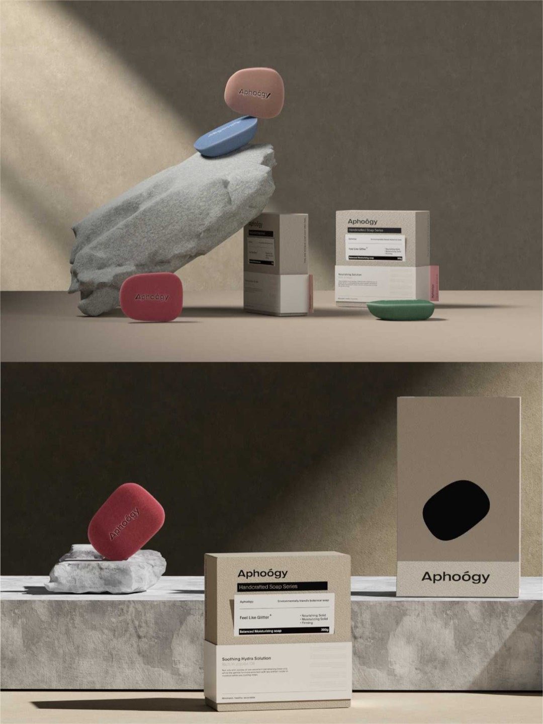 Aphoógy soaps in clay pink, blue and sage beside tuck-end cartons and a die-cut presentation box