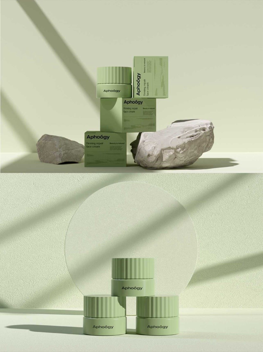 The green skincare line — jars and cartons sharing the range grid