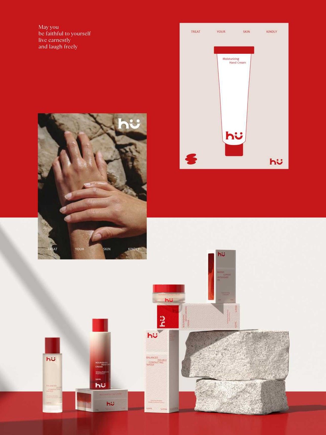 The full hü range with poster artwork and the two-dot smile mark