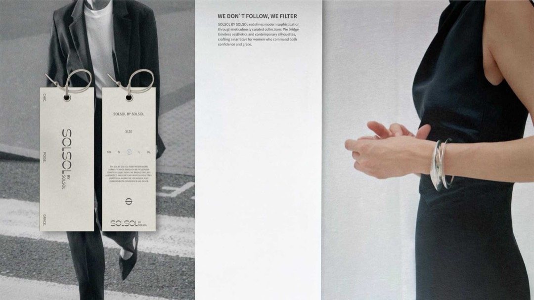 SOLSOL hang tags with metal eyelets and wire loops, shown against the garments they attach to