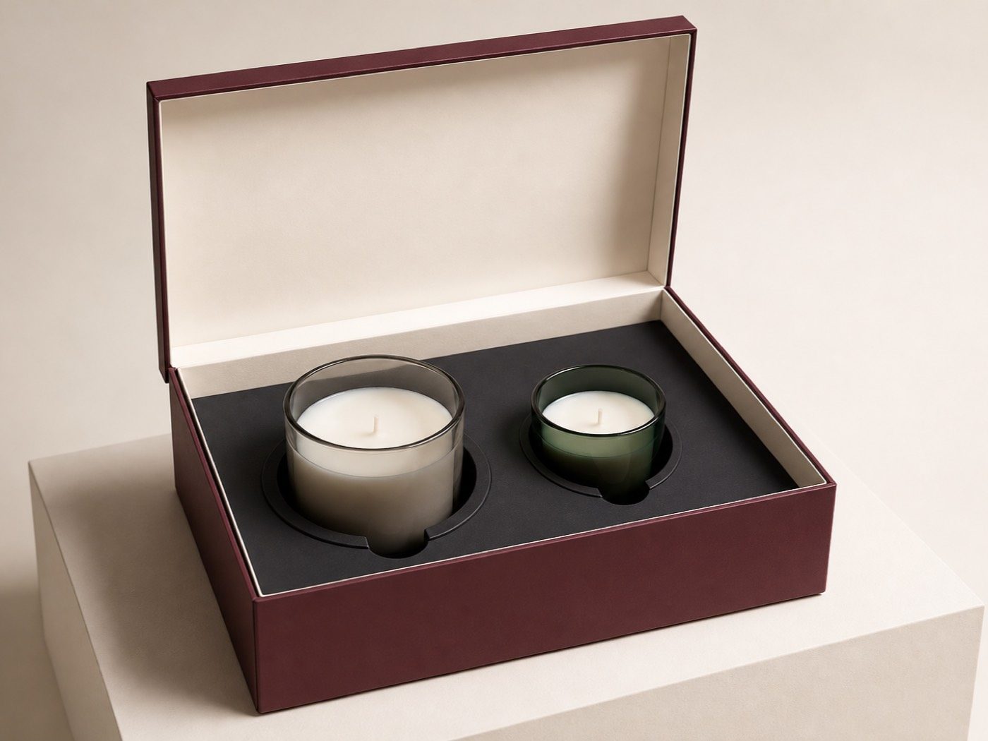 Open claret candle gift box with two blank glass vessels seated in separate fitted wells