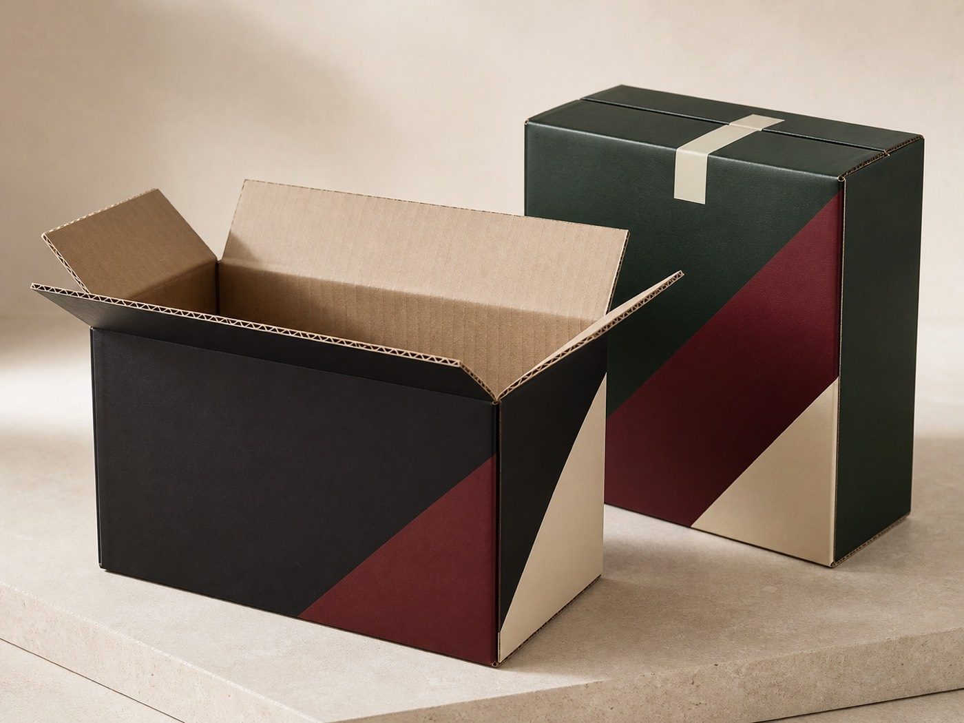 Open and closed printed regular slotted corrugated shipping cases in coordinated colours