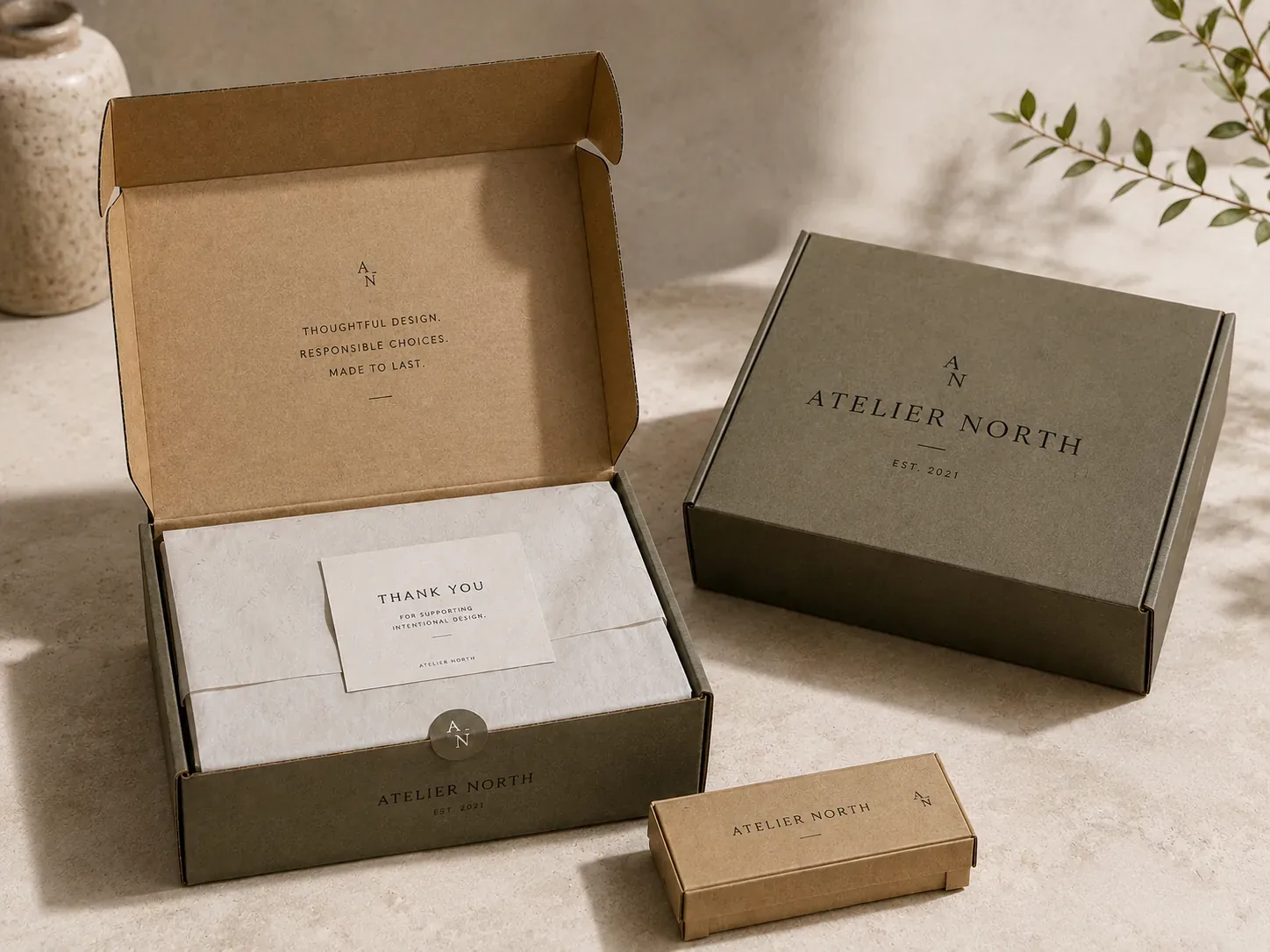 Corrugated e-commerce mailers in olive and kraft, one opened to show a printed inner lid, tissue and thank-you card