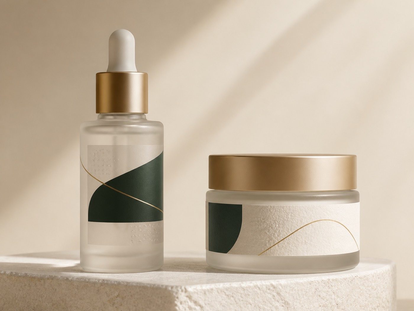 Frosted serum bottle and cream jar with clear film and textured paper labels