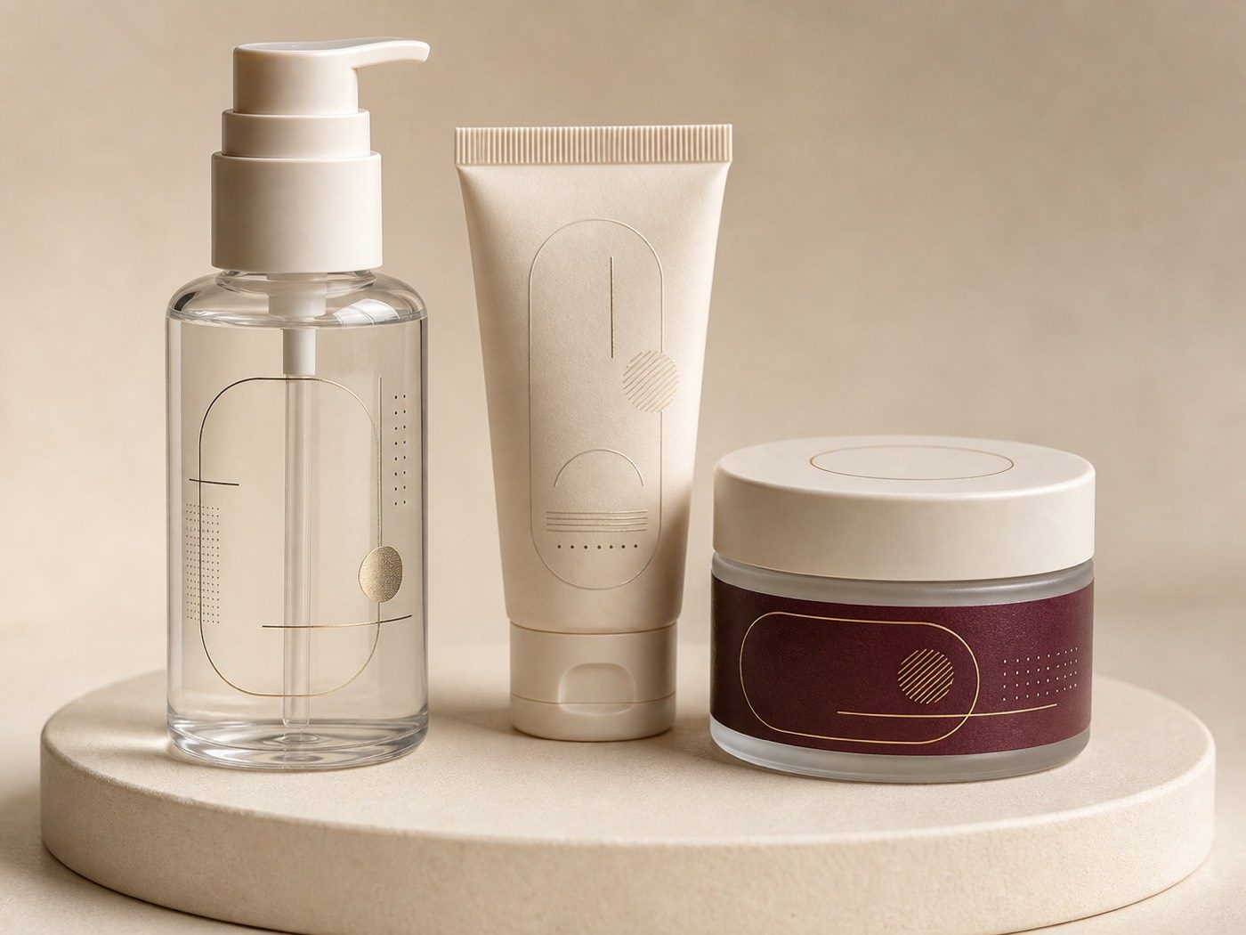 Clear pump bottle, ivory tube and claret jar showing clear film, paper and metallic cosmetic labels