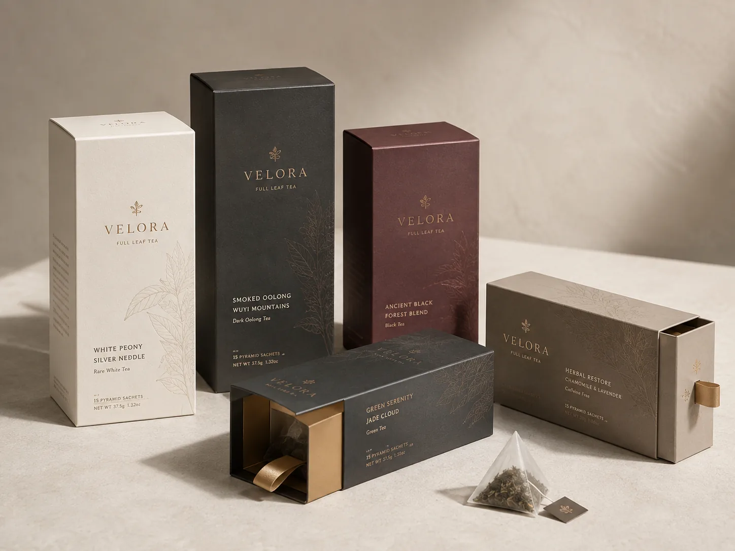 Drawer box slid open by a gold ribbon pull to reveal the inner tray, shown with a matching closed sleeve