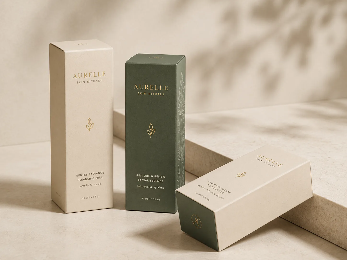 Three tuck-end folding cartons for a skincare range — uncoated cream and forest-green board with gold foil type