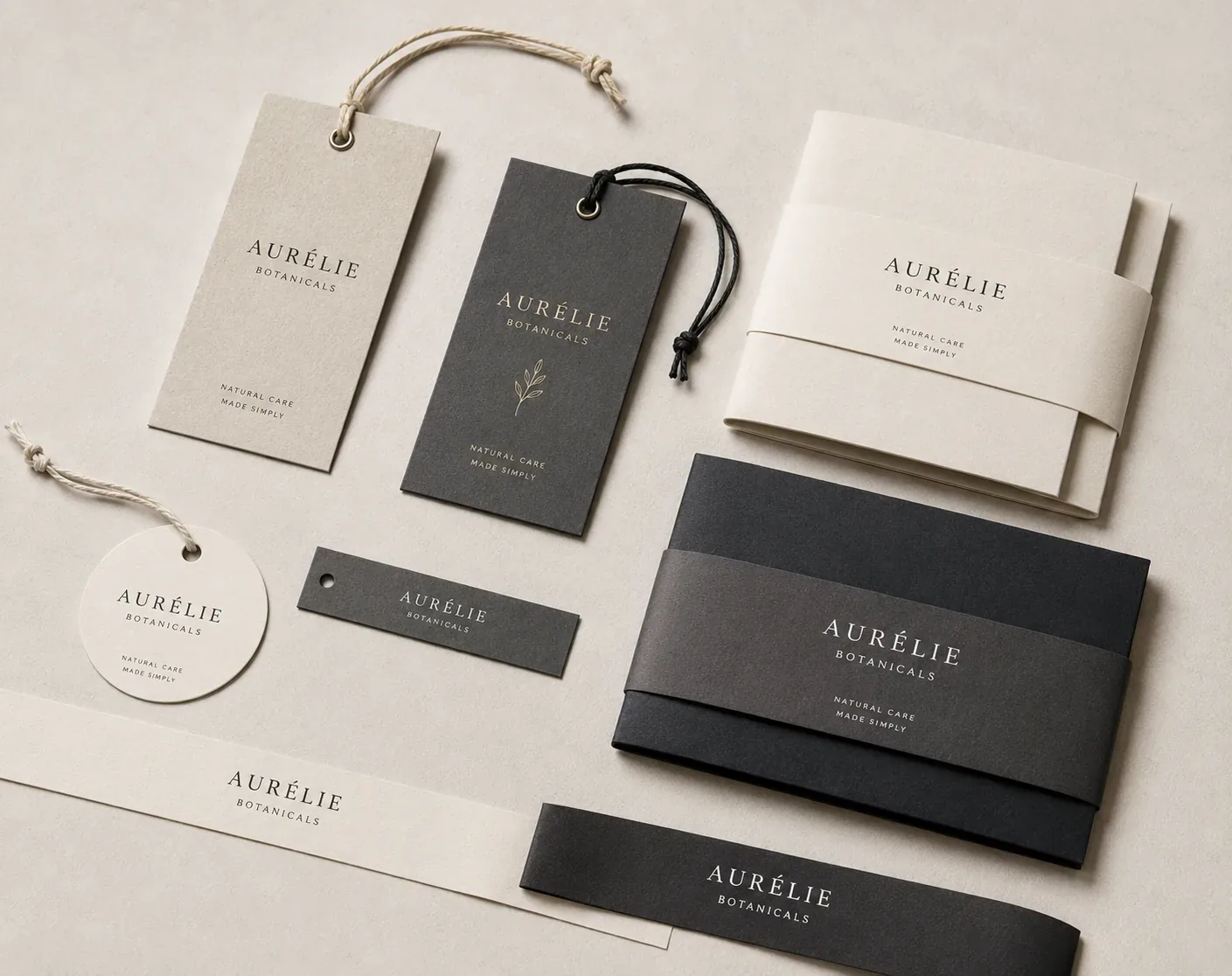 Hang tags with metal eyelets and cotton cord, a round swing tag, and belly bands wrapped around folded goods