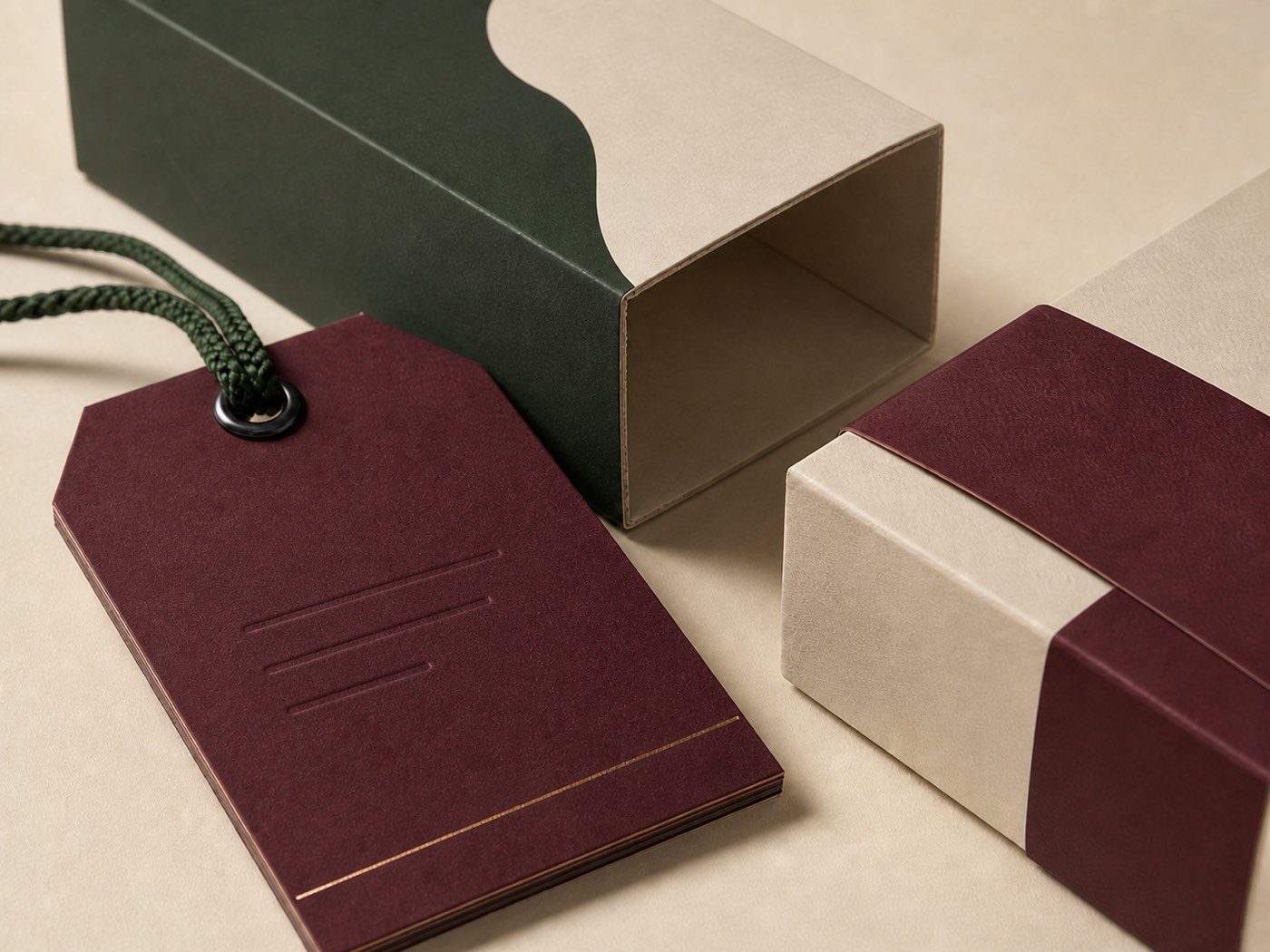 Close view of a claret hang tag, open-ended sleeve and belly band showing paper texture and finishing