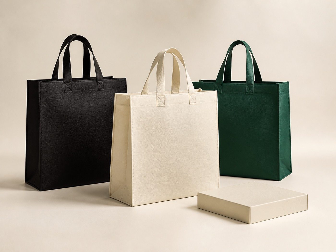 Three coordinated non-woven carrier bags in ink, ivory and forest green beside a presentation box