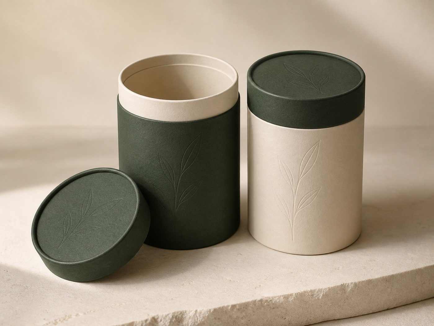 Forest-green and warm-ivory paper tea cylinders, one open to show the raised inner collar