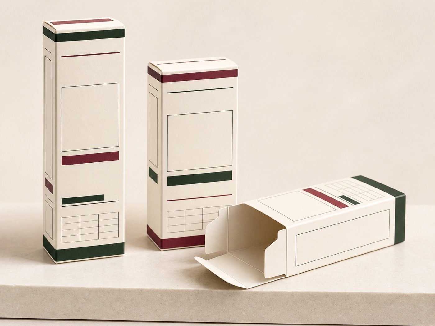 Three ivory pharmaceutical unit cartons with structured blank information panels, one shown open
