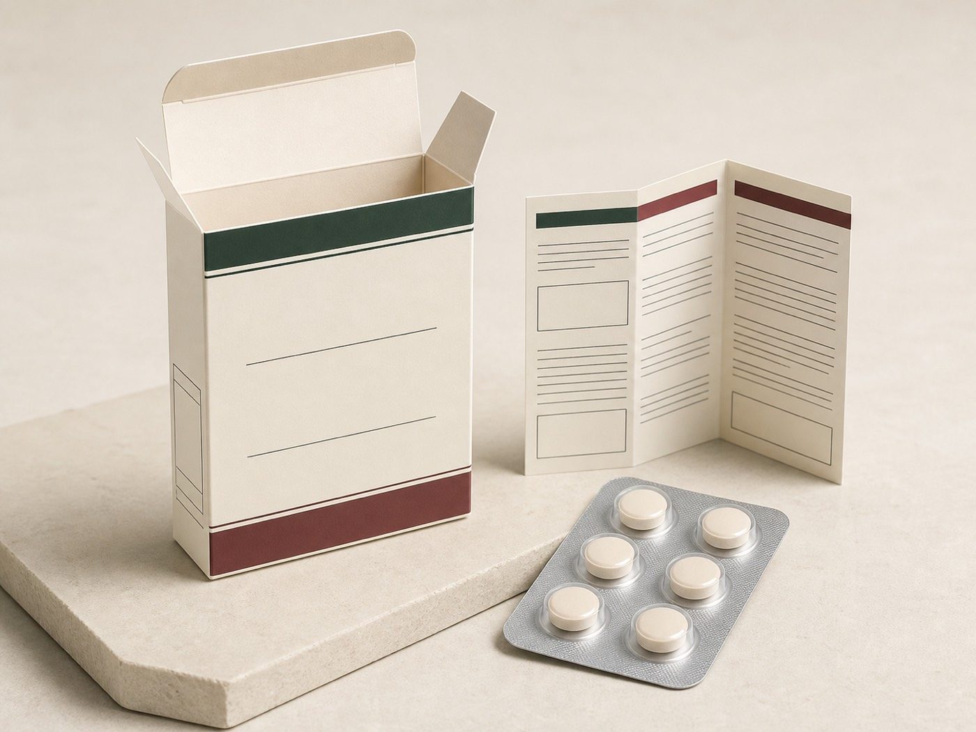 Open pharmaceutical carton with a folded information leaflet and six-cavity blister card