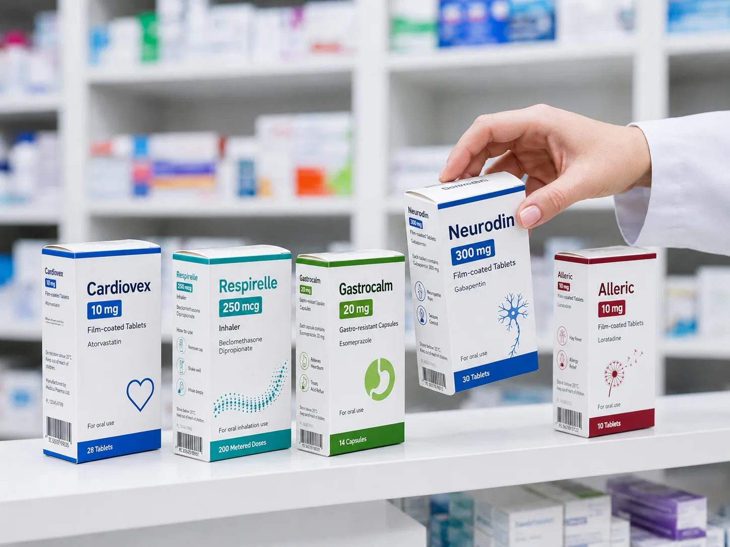 Pharmaceutical folding cartons on a pharmacy shelf, colour-coded by category with dosage panels and barcodes
