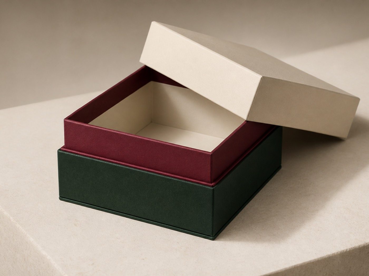 Two-tone shoulder-neck rigid box part-open with its raised claret inner collar visible