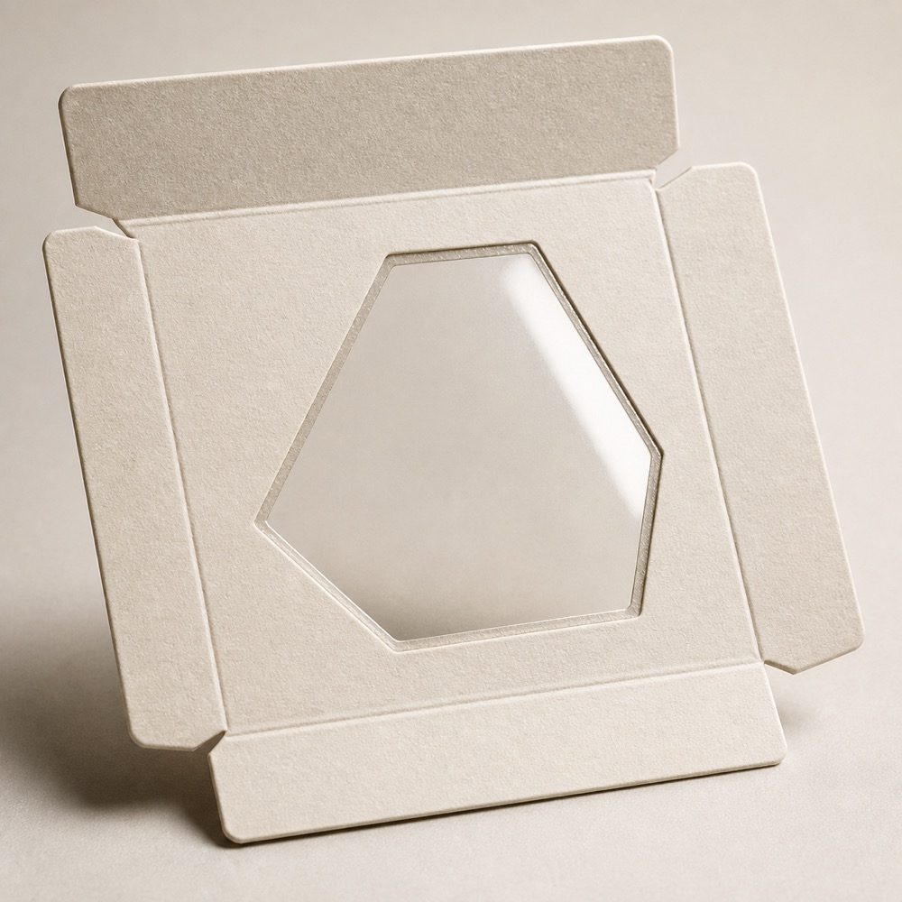 Approved clear window-patching detail on an ivory die-cut carton panel