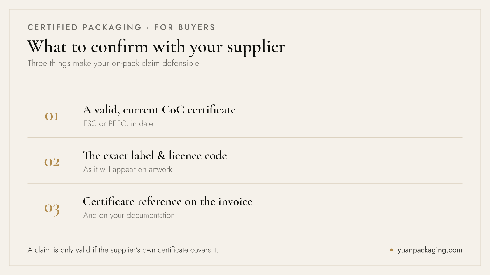 What B2B buyers should ask a packaging supplier about FSC or PEFC certification — valid certificate, licence code, on-pack claim and invoice